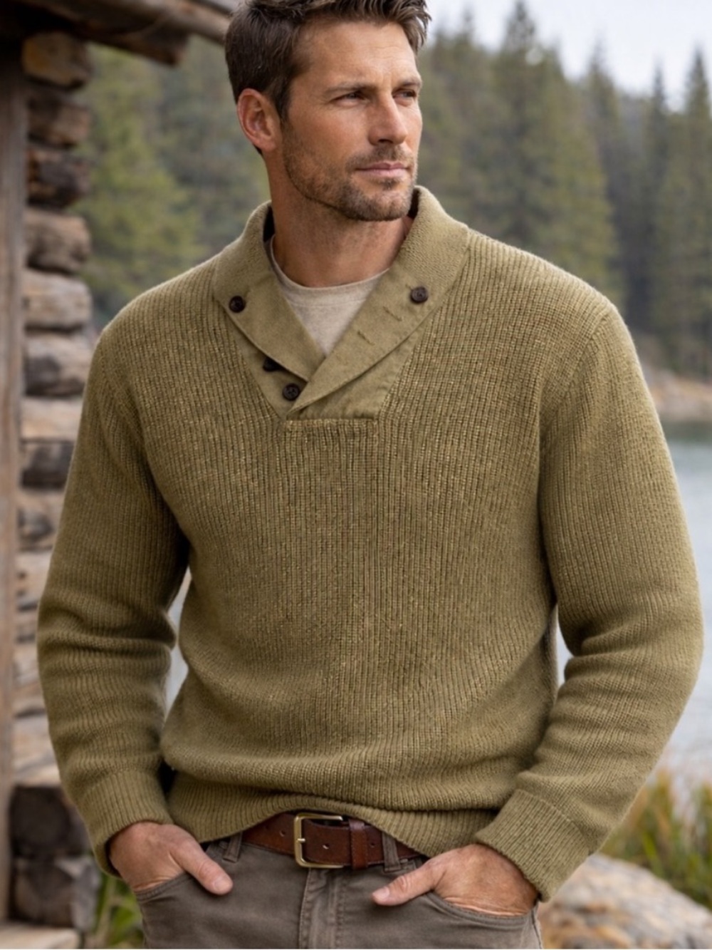 Orvis Commando Rib Knit Shawl Collar Cotton Sweater